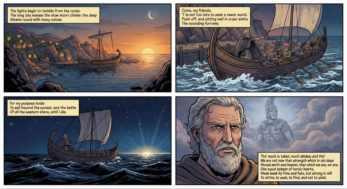 emollick's tweet image. The new Nano Banana Pro makes all of Tennyson’s Ulysses into a comic on the first try when given the poem broken into four pieces.

Eight months have passed since the quoted example.