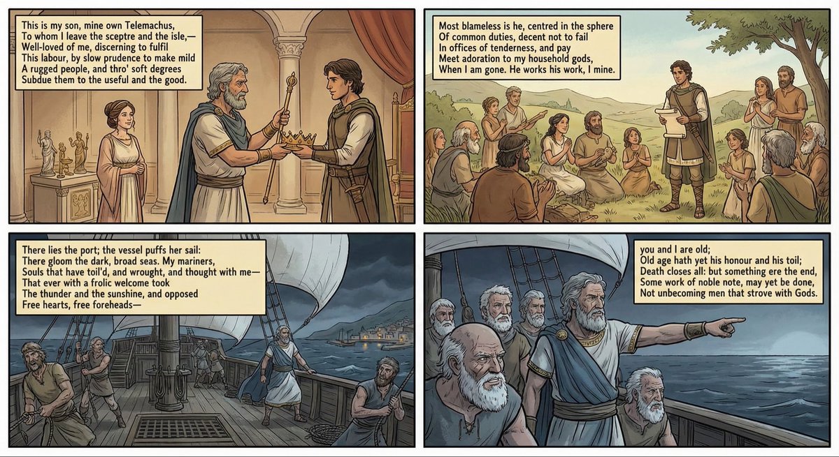 emollick's tweet image. The new Nano Banana Pro makes all of Tennyson’s Ulysses into a comic on the first try when given the poem broken into four pieces.

Eight months have passed since the quoted example.