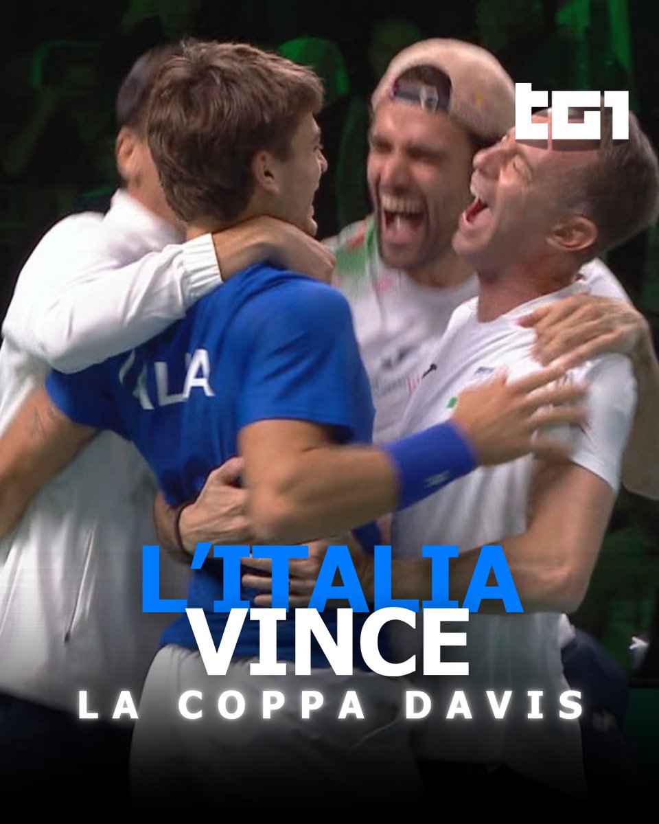 Tg1Rai's tweet photo. L’Italia vince la #CoppaDavis per la terza volta consecutiva, la quarta in assoluto.
In finale a #Bologna, batte 3-0 la #Spagna con i successi nei singolari di Matteo Berrettini e Flavio Cobolli.

#Tg1 https://t.co/ECINHZtFlF