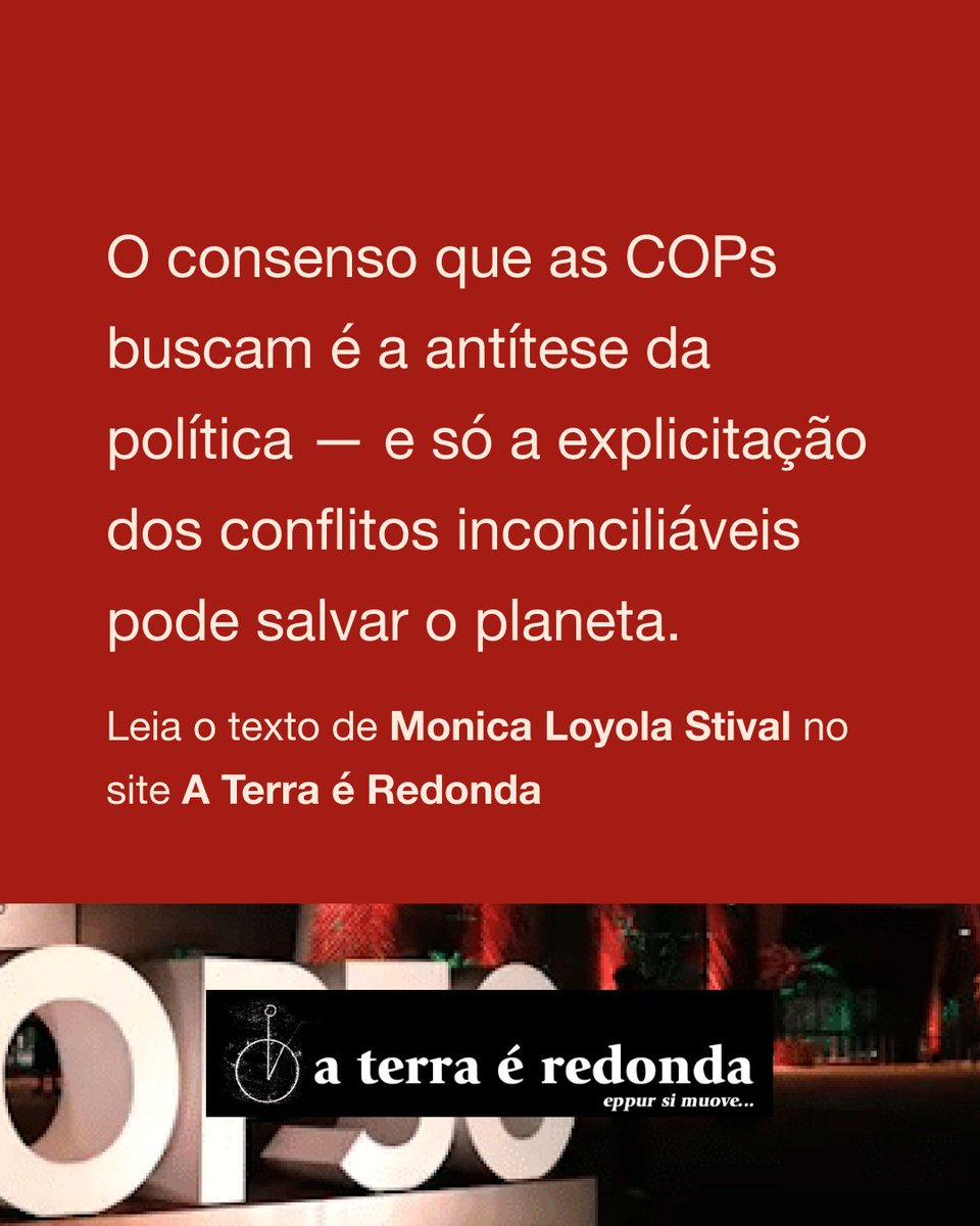 Aterraredonda1's tweet photo. COP30 e a negação da política
Por Monica Loyola Stival

O consenso que as COPs buscam é a antítese da política — e só a explicitação dos conflitos inconciliáveis pode salvar o planeta.

https://t.co/D74TbJtElk

#aterraéredonda #MonicaLoyolaStival https://t.co/VTkTKxD6Qv