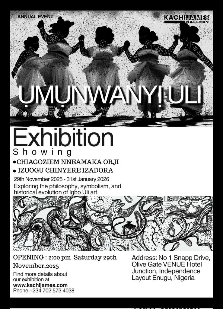 VoiceOfTheEast's tweet image. Spectacular Igbo artist @nneamaka_orji is opening her first art exhibition in Enugu! 
Deeply rooted in Uli art, her works celebrate Igbo womanhood, culture, and heritage.

📍 Kachi James Gallery, Enugu
🗓 29 Nov 2025 — 31 Jan 2026
⏰ Opening: 2 PM, 29 Nov