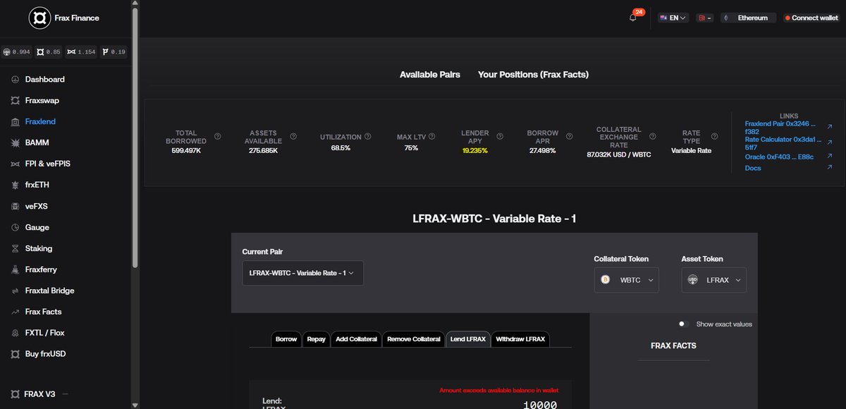 Smallro_man's tweet image. Good oportunity in FraxLend from @fraxfinance :

The pair is WBTC/LFRAX (Legacy Frax Stablecoin) on the Ethereum Blockchain.

app.frax.finance/fraxlend/pair?…

You can Lend LFRAX for an actual APR 19.24%

Utilization 68.5% let,s see how long this situation can last with this juicy APR.