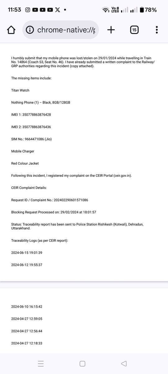 Rp_NO_'s tweet photo. @UKCyberPolice @uttarakhandcops @cyberabadpolice @DehradunPolice @ukcmo @cpgrams @darpgseva @DARPG_GoI @Cyberdost @uttarakhandcops @DehradunPolice @UKCyberPolice, I respectfully request you toKindly provide me with a copy of the traceability report received from CEIR.Take necessary action to trace and recover my stolen mobile phone.Provide me with updates regarding any progress in the case https://t.co/0h5mnyVo80