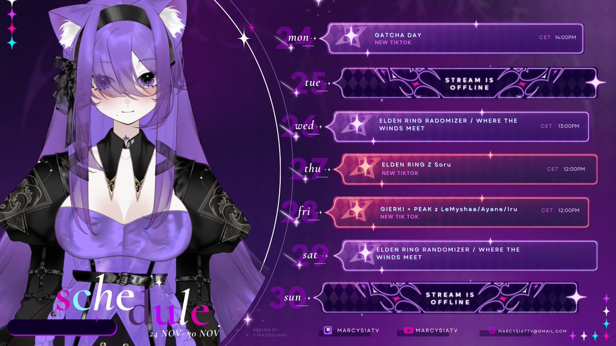 ✦₊˚ Schedule ✦₊˚
    ˚ 24.11-30.11 ˚

✦ Gacha Day

✦ Elden Ring Randomizer

✦ #WhereWindsMeet 

✦ Elden z <a href="/SoruKagayaki/">Soru Kagayaki</a> ☺️

✦ Peak z <a href="/LMyshaa/">「 ✦ LeMyshaaVT ✦ REDEBIUT 13.03.2026 ✦」</a> <a href="/AyaneTenshi/">Ayane_Tenshi</a>  <a href="/BearlyIru/">IruTheBear 🐻 VTuber</a> 🤭