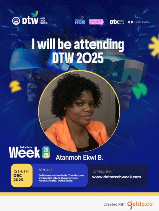 Beenuella's tweet image. Hey guys!!! It&apos;s happening big with Tech Innovations @DeltaTechWeek slated for 1-5 Dec 2025 in Asaba.  All lover of Tech skills and creatives are invited to this amazing #Techsquard #Techsauce experience. Register @ deltatechweek.com  #DTW2025 #DTX #WITS #Deltesa #Devfest