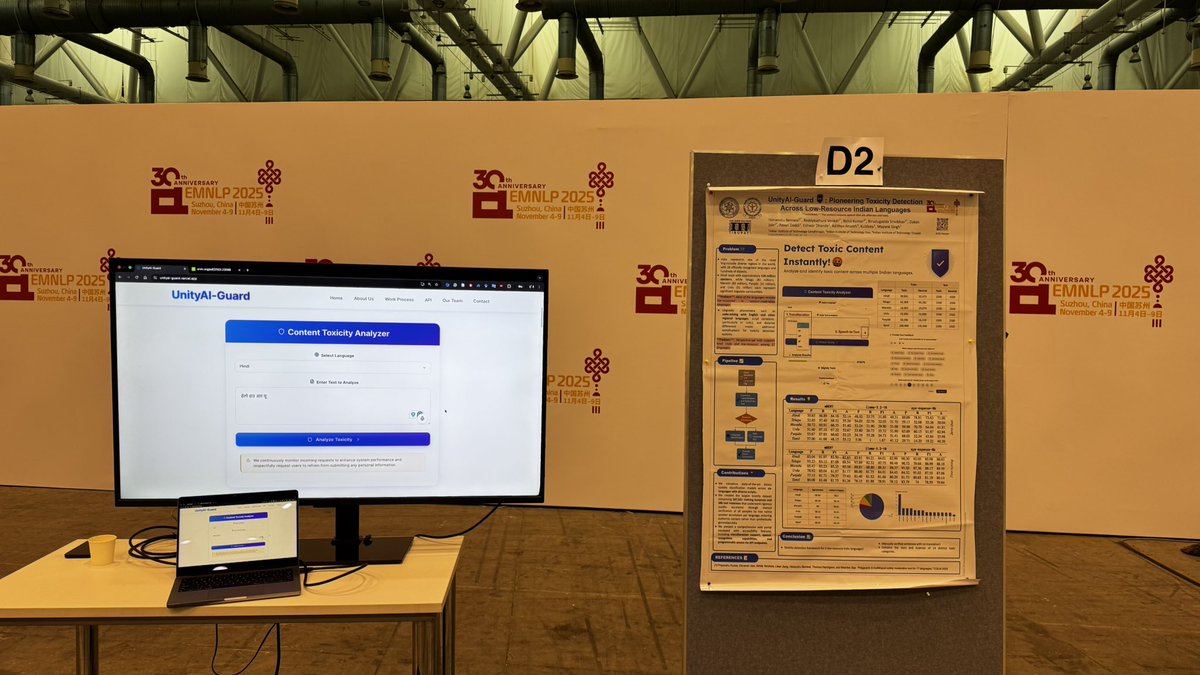 lingoiitgn's tweet image. #ProudMoment 🙌🏻

Four papers were presented at #EMNLP2025 in Suzhou, China 🇨🇳covering code-mixing, toxicity detection, content moderation, and multilingual model interpretability! ✨

Huge congrats to the teams! 🎉

Read more: lingo.iitgn.ac.in

@cse_iitgn @iitgn 
#NLP #AI