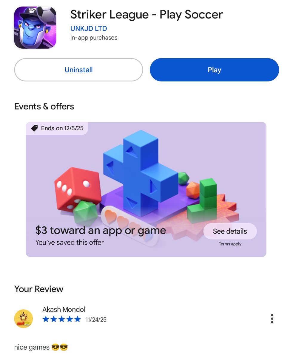AkashHelpTrick's tweet photo. Everyone, give these games five stars after going to the Google Play Store ⭐⭐⭐⭐⭐

Gold Striker - Spin & Win ⭐⭐⭐⭐⭐

Striker League - Play Soccer⭐⭐⭐⭐⭐

Love you All 💓💋

#LineupGames #StrikerLeague #Web3Gaming

#LINEUP #Sui
#OrangeSunday @GiveRep #GiveRep @LINEUP_games