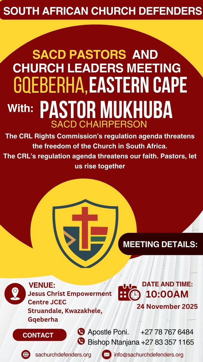 📢 SACD PASTORS &amp; CHURCH LEADERS MEETING – GQEBERHA, EASTERN CAPE

It's happening tomorrow ❗

The CRL Rights Commission’s regulation agenda is a direct threat to the freedom of the Church in South Africa. Pastors and leaders, this is the time to stand together, rise together,