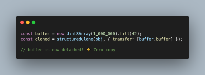 denilgabani's tweet image. Two modes:
1️⃣ Deep copy (default) 
2️⃣ Transfer ownership (zero-copy for Transferables)

Transferables: ArrayBuffer, MessagePort, ImageBitmap, OffscreenCanvas, etc.