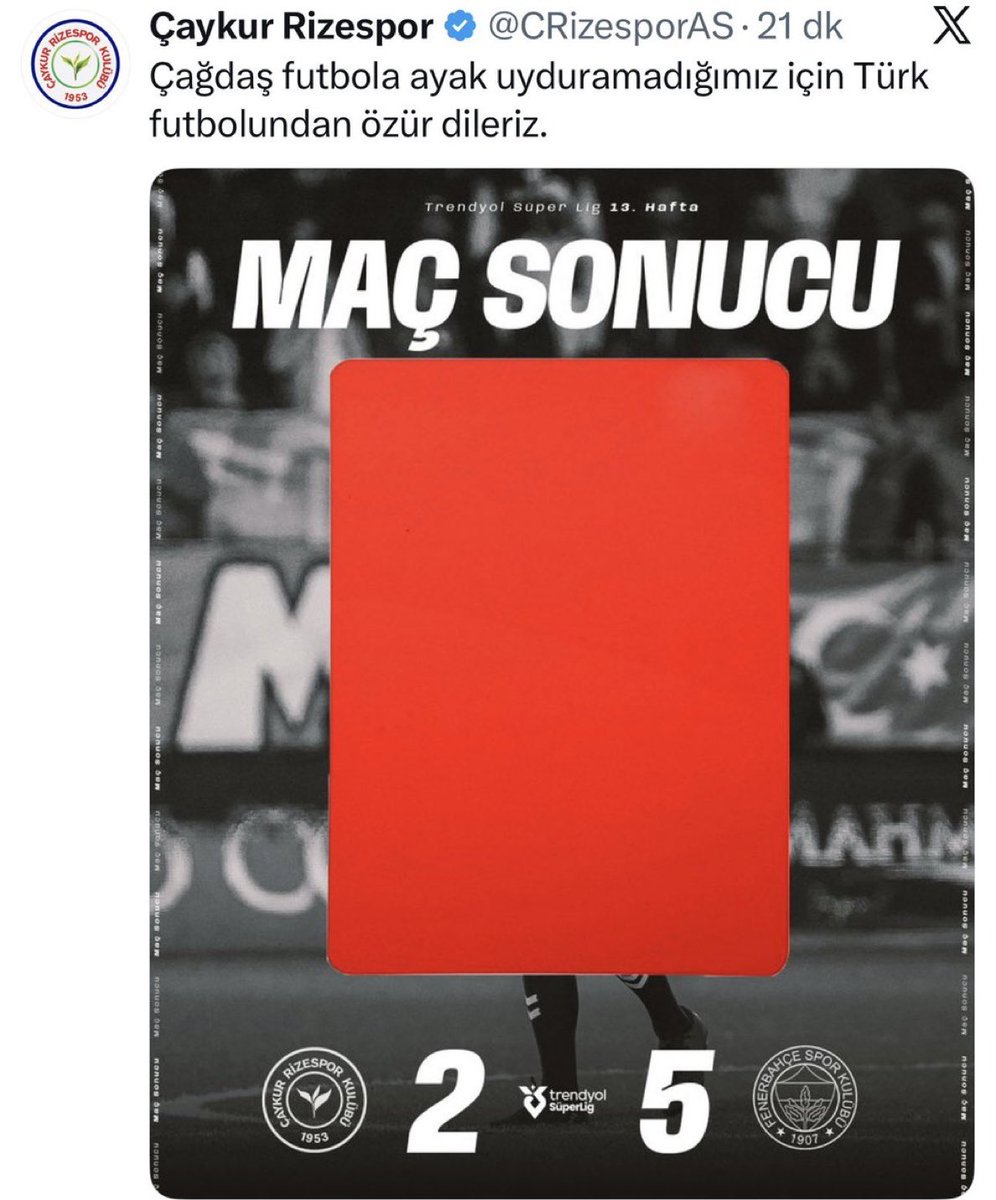 NAZMagazin's tweet photo. Rizespor’un maç sonu yaptığı paylaşım: 

“Çağdaş futbola ayak uyduramadığımız için Türk futbolundan özür dileriz.”

Rizespor - Fenerbahçe 
#RizvFB https://t.co/04ZdvBYYjZ