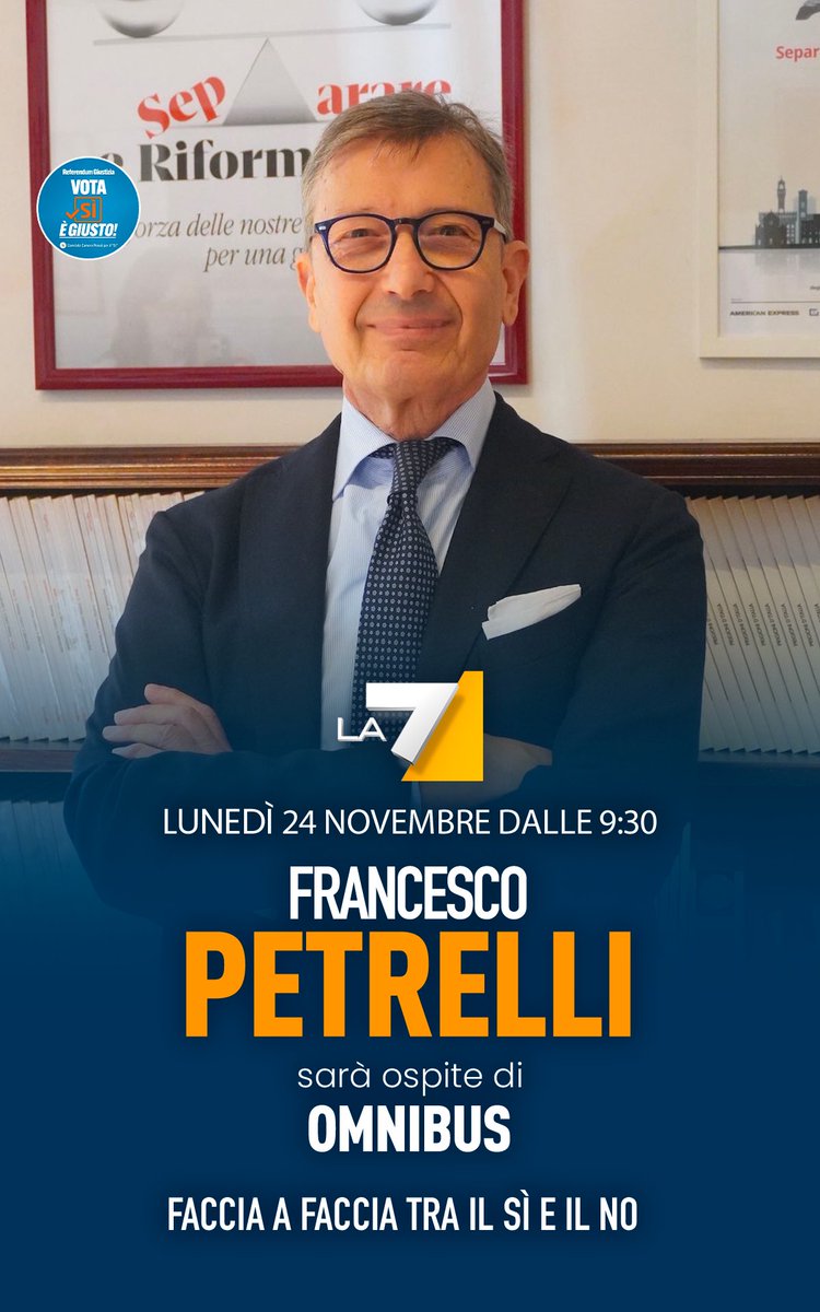 Lunedì 24 novembre dalle 9.10 alle 9.35, il presidente <a href="/FrPetrelli/">Francesco Petrelli</a> sarà ospite ad Omnibus, su La7, per un confronto sul Referendum.