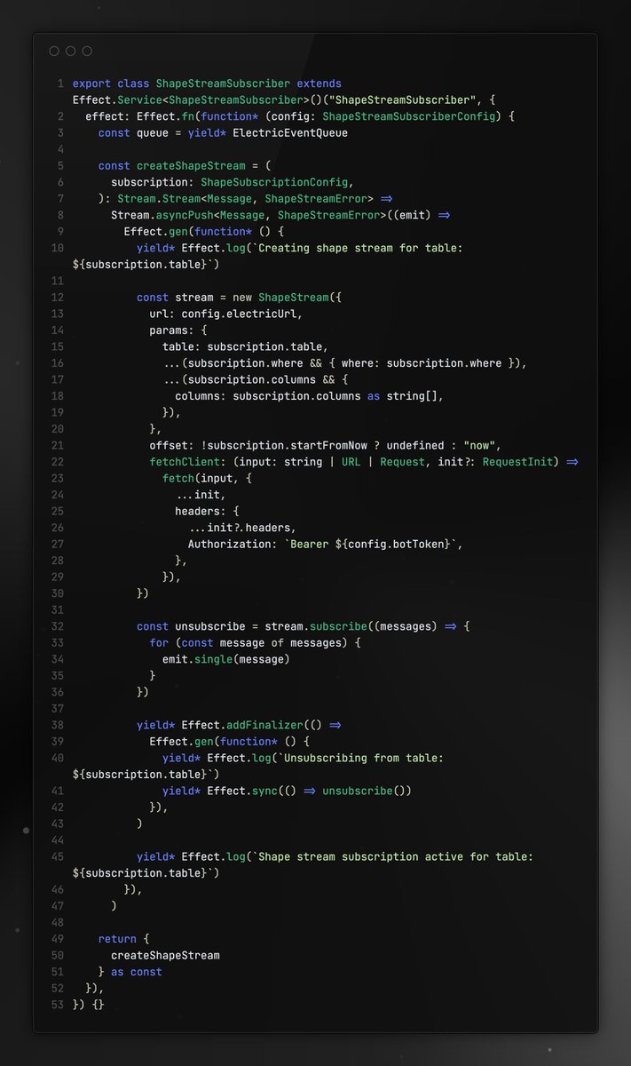 makisuo's tweet image. I love @EffectTS_  so much, this is all the code required to consume an @ElectricSQL  shape, pull them into a queue and then automatically clean everything up on server stop.