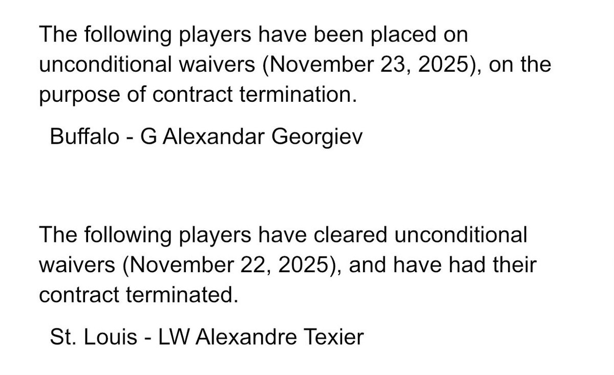 ATHornHockey's tweet image. NEWS: The following waiver transactions have been completed (November 23). 

#NHL #SabreHood #StlBlues