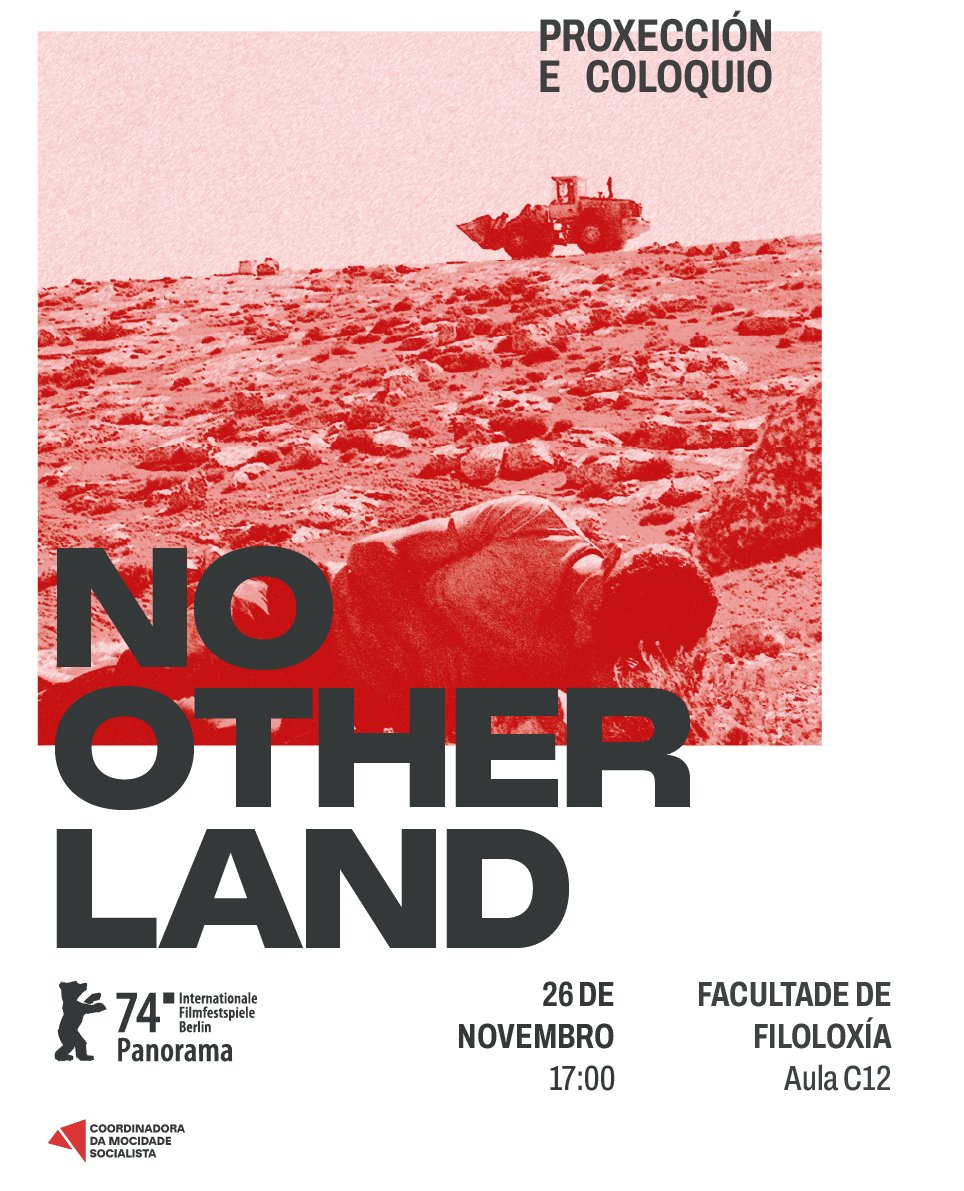 este mércores 26 teremos en filoloxía a proxección do filme "No Other Land", seguida dun interesante coloquio e debate sobre a cuestión palestina. 

anímate e achégate pola aula c12! 🚩🇵🇸