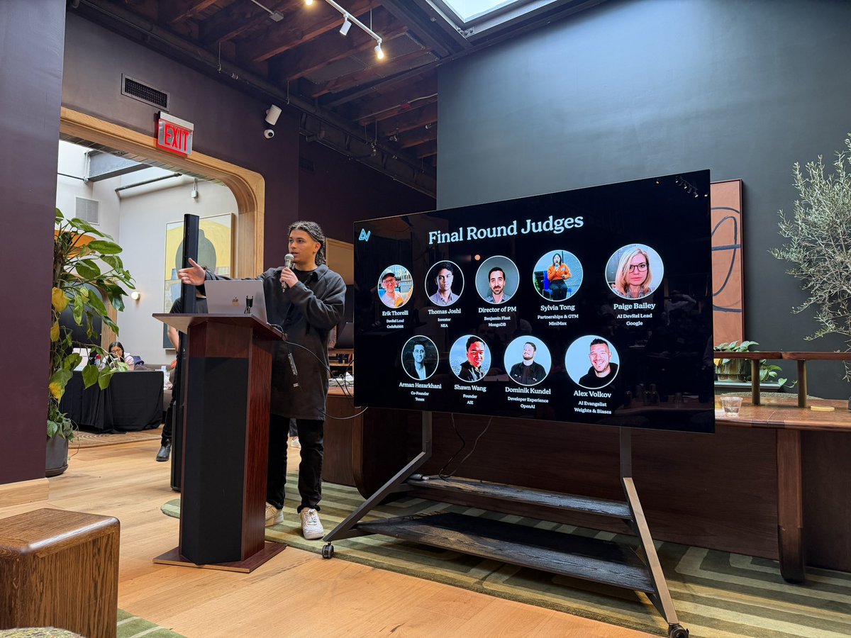 altryne's tweet image. The top judges assembled! The teams are ready to go! The official @aiDotEngineer x @cerebral_valley Hackathon final round of judging is starting! 

Happy to share the judging panel with my friends @swyx @DynamicWebPaige @dkundel and new friends @sylviatong_tech @ArmanHezarkhani…