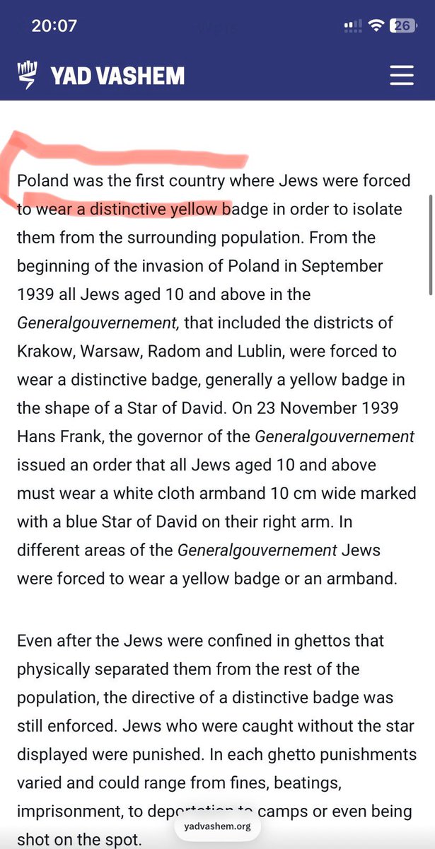 Confused by @YadVashem’s recent reply. They stress that the 1939 yellow-badge order in occupied Poland was issued by German authorities - yet the article they link still says:”Poland was the first country where Jews were forced to wear a distinctive yellow badge.”