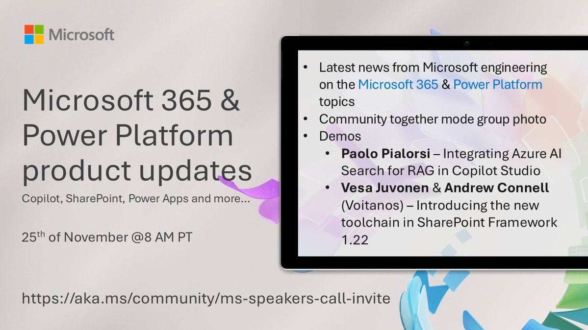 Microsoft365Dev's tweet image. 📅 Agenda for the #Microsoft365 &amp;amp; #PowerPlatform product updates call 25th of Nov

• The latest updates ⚡
• Focus this time on #CopilotStudio and #SPFx
• Presented by @paolopia, @vesajuvonen, and Andrew Connell

+more! 🚀

👋 Get the invite → msft.it/6016tV2Tu
