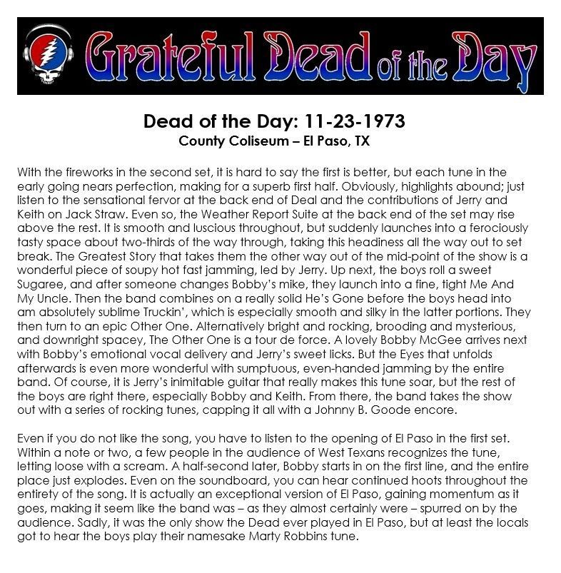 gdradio's tweet image. #UpNext on GDRADIO.NET
(at around 3:00pm eastern / 12:00pm pacific)
★ 1973-11-23 at County Coliseum in El Paso, TX ★
#OTD #DeadOTD #DeadHeads #GratefulDead #gratefuldeadmusic
(content courtesy of gratefuldeadoftheday.com)