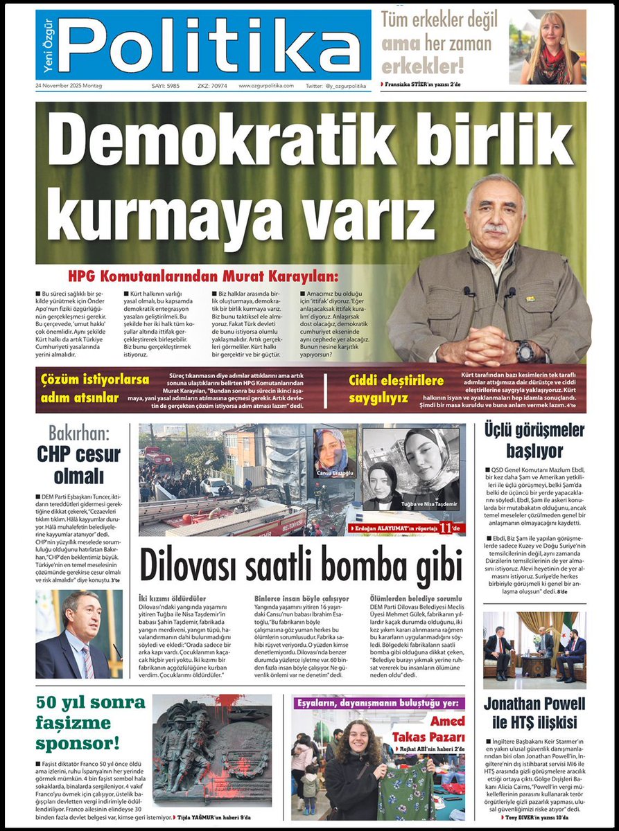 🔴 MANŞET

📌Demokratik birlik kurmaya varız

◾️Murat Karayılan: Biz halklar arasında demokratik bir birlik kurmaya varız. Bunu taktiksel ele almıyoruz. Fakat Türk devleti de bunu istiyorsa olumlu yaklaşmalıdır. Artık gerçekleri görmeliler. Kürt halkı bir gerçektir ve bir güçtür.