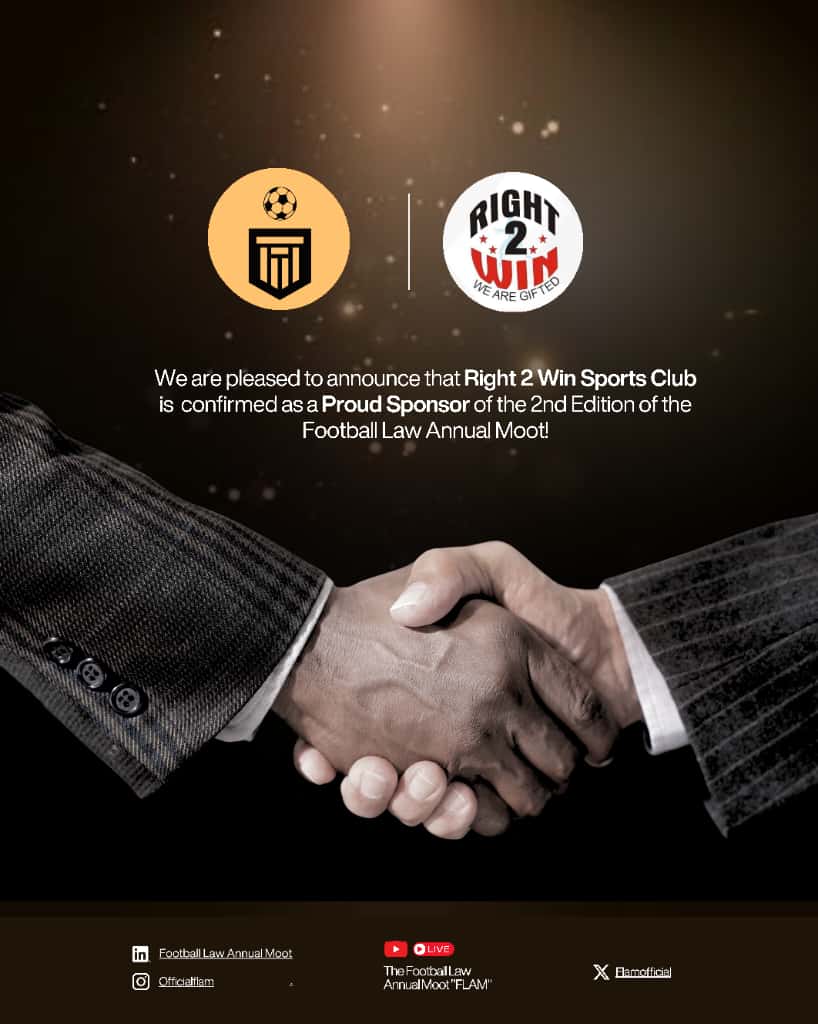 We are pleased to announce Right2Win Sports Club as a sponsor of the Football Law Annual Moot (FLAM) 2025.

Right2Win Sports Club has grown into one of Nigeria’s most impactful grassroots football institutions, driven by a mission to discover and develop young