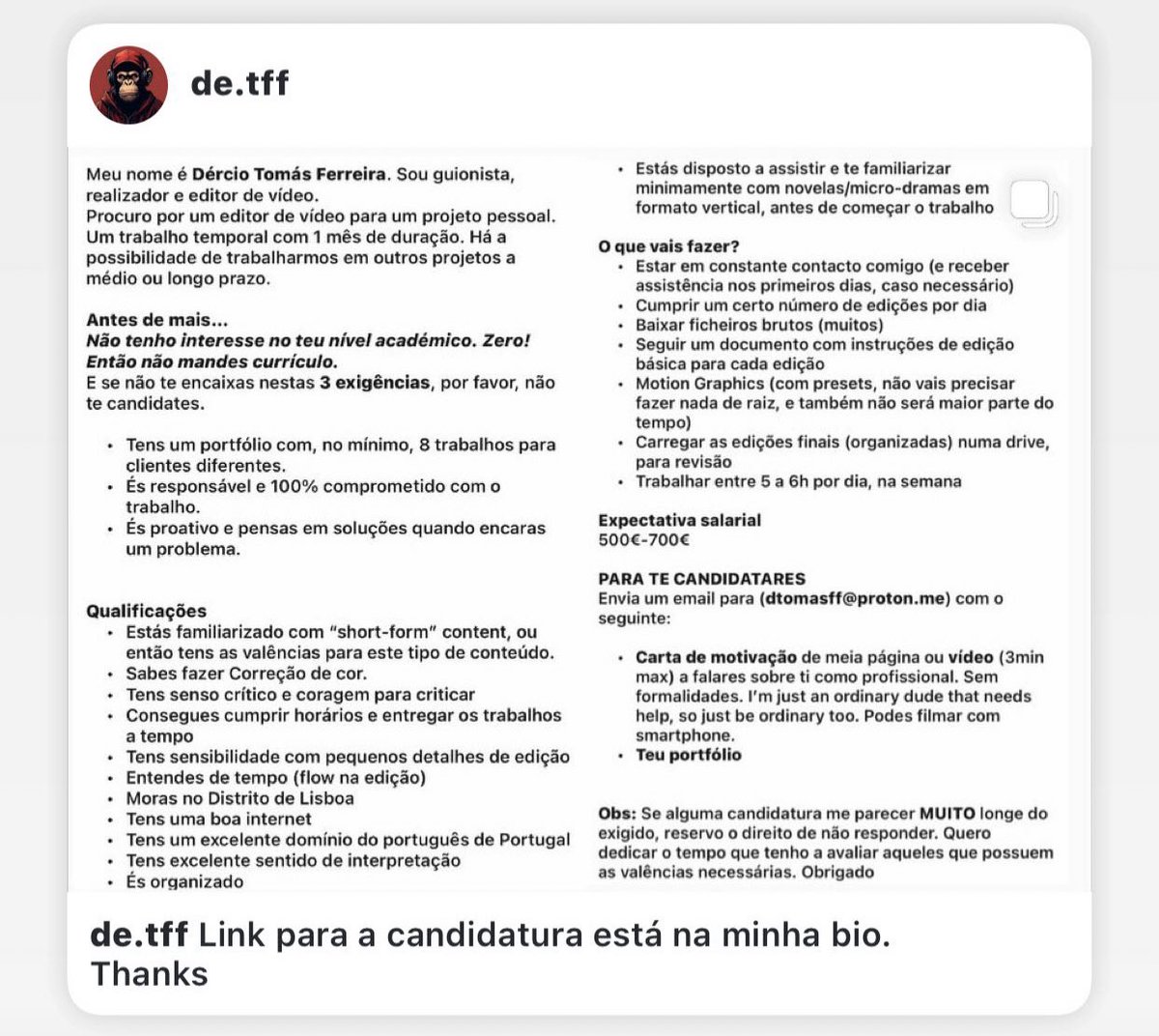 derciotf's tweet photo. https://t.co/gzpgp3t9Ge

#edição #editordevideo #lisboa #emprego #oportunidadedeemprego #trabalho #content https://t.co/GRpITfrIyW