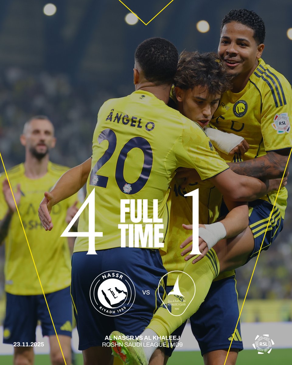 AlNassrFC's tweet image. 🔚 | صافـرة النهايـة! 👏

النصر 4 - 1 الخليج
⚽ جواو فيليكس
⚽ ويسلي تيكسيرا
⚽ ساديو ماني
⚽ كريستيانو رونالدو

#النصر_الخليج
