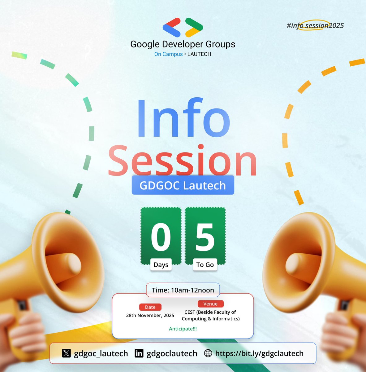 gdgoc_lautech's tweet image. 🚨5 Days to Go!🚨 

The GDG On Campus LAUTECH Info Session is almost here—mark your calendars for Nov 28th, 10 AM-2 PM at the Faculty of Computing &amp;amp; Informatics!  

We&apos;re kicking off #InfoSession2025 with bang

RSVP now: gdg.community.dev/e/mpcq2m/