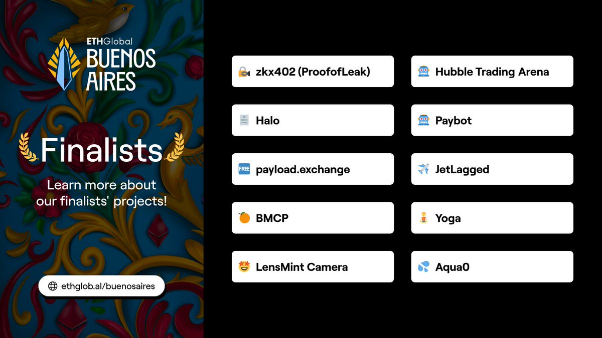 ETHGlobal's tweet image. 🥁🥁🥁 The ETHGlobal Buenos Aires 2025 winners are here! 🇦🇷✨

We’re thrilled to share 10 projects that stood out from 475 built this weekend:

🤖 Paybot
✈️ JetLagged
🍊 BMCP
🤖 Hubble Trading Arena
🆓 payload.exchange
🧘 Yoga
🤩 LensMint Web3 Camera
🧾 Halo
🔏 zkx402…