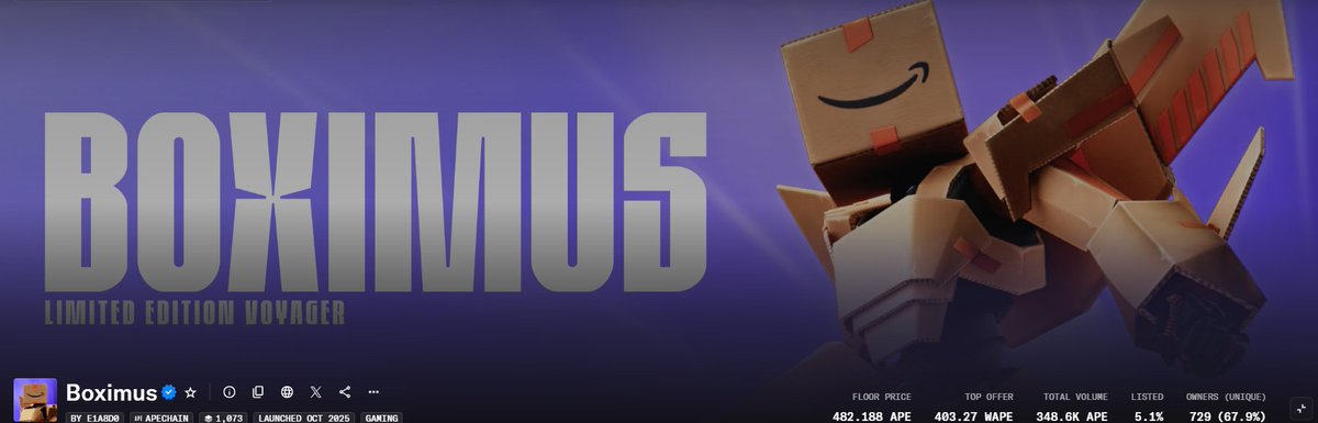 Riosweb3's tweet image. Boximus is an Otherside skin born from a first of its kind collab between Yuga Labs and Amazon marking Amazon’s official debut into Web3 gaming.  The drop pushed Otherside onto the front page of Amazon Games, and the mint sold out within hours at just $66 each.  Now Boximus is…