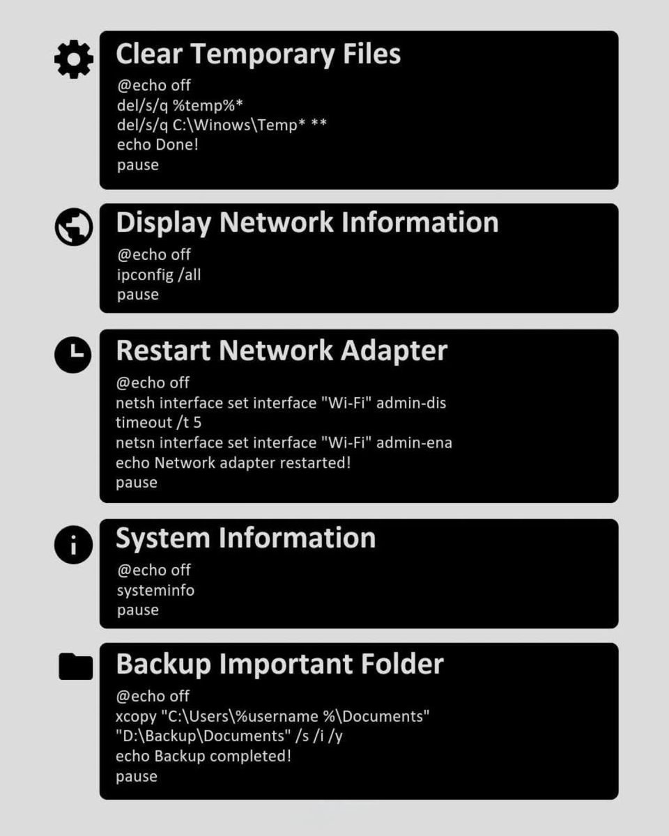 SewaTech's tweet image. Scripts de commandes Windows importants

#powershell #windowscommands #cmdscripts #windowsadministration #sysadmin #scriptswindows #networksecurity #windowssecurity #automation #itsecurity #powershellscripts #adminscripts #powershellcmdlets #windowsfirewall #securityscripts…