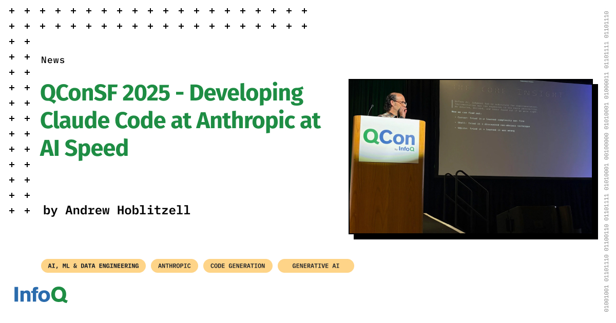 InfoQ's tweet image. At #QConSF 2025, Adam Wolff showcased #ClaudeCode at Anthropic - where #AI now powers 90% of production code.

Built through experimentation, it tackles challenges from Unicode quirks to shell command bottlenecks.

Summary on #InfoQ ⇨ bit.ly/3JQzk4W

#CodeGeneration