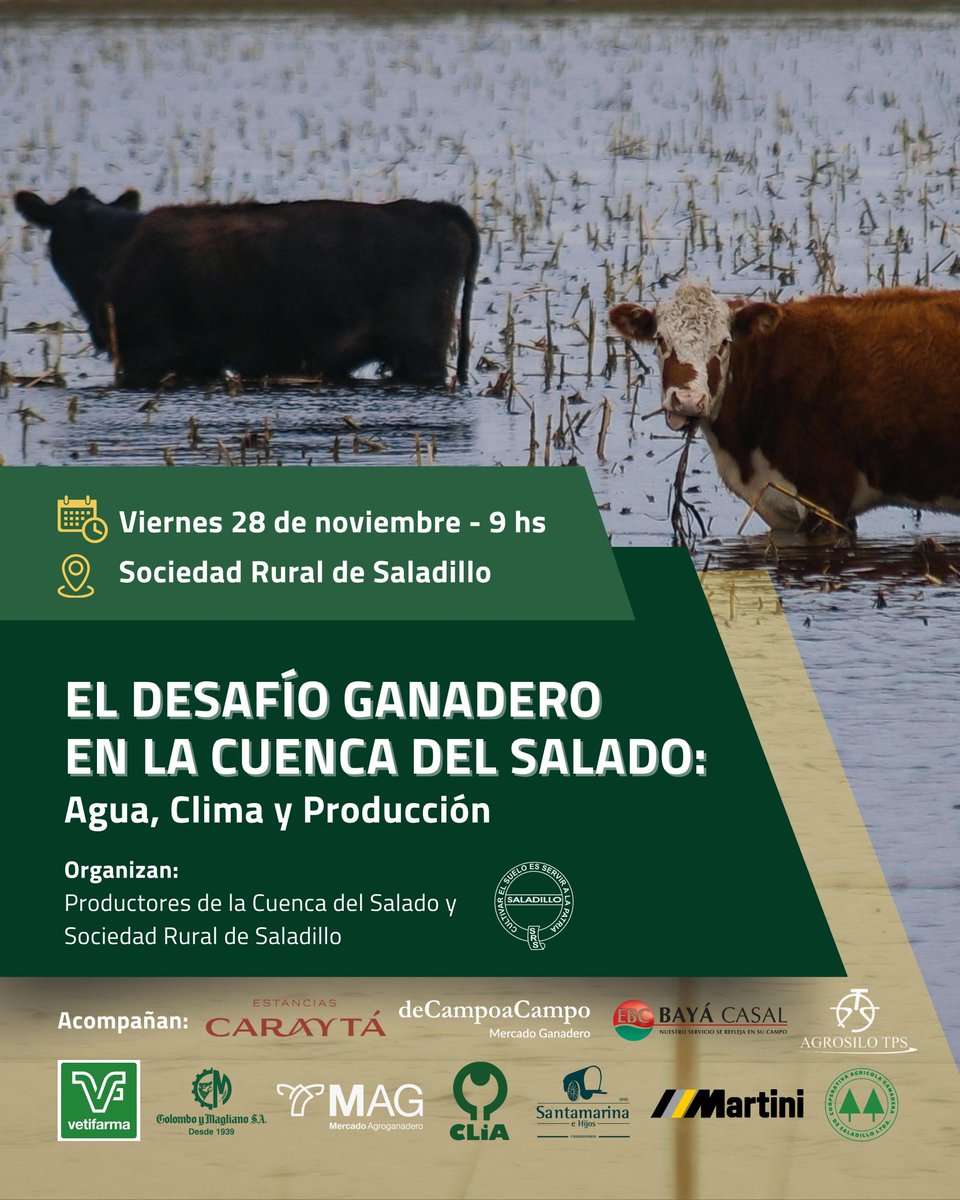 *Jornada Abierta “El Desafío Ganadero en la Cuenca del Salado”*
El próximo viernes 28 de noviembre, abrimos las tranqueras para pensar juntos cómo producir mejor en la Cuenca del Salado.
Agua, clima y producción: tres ejes que definirán el futuro ganadero.
Con la participación de