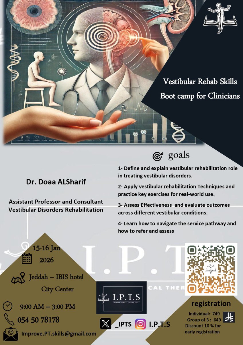 🎯 أقوى ورشة تدريبية لجميع المتخصصين في الرعاية الصحية!                                                                                         💥 حضــوري + تطبيق عملي مباشر

🚀 *Vestibular Rehab Skills Boot Camp for Clinicians*

هل تواجه حالات:
🔹 دوار
🔹 BPPV
🔹 اختلال التوازن
