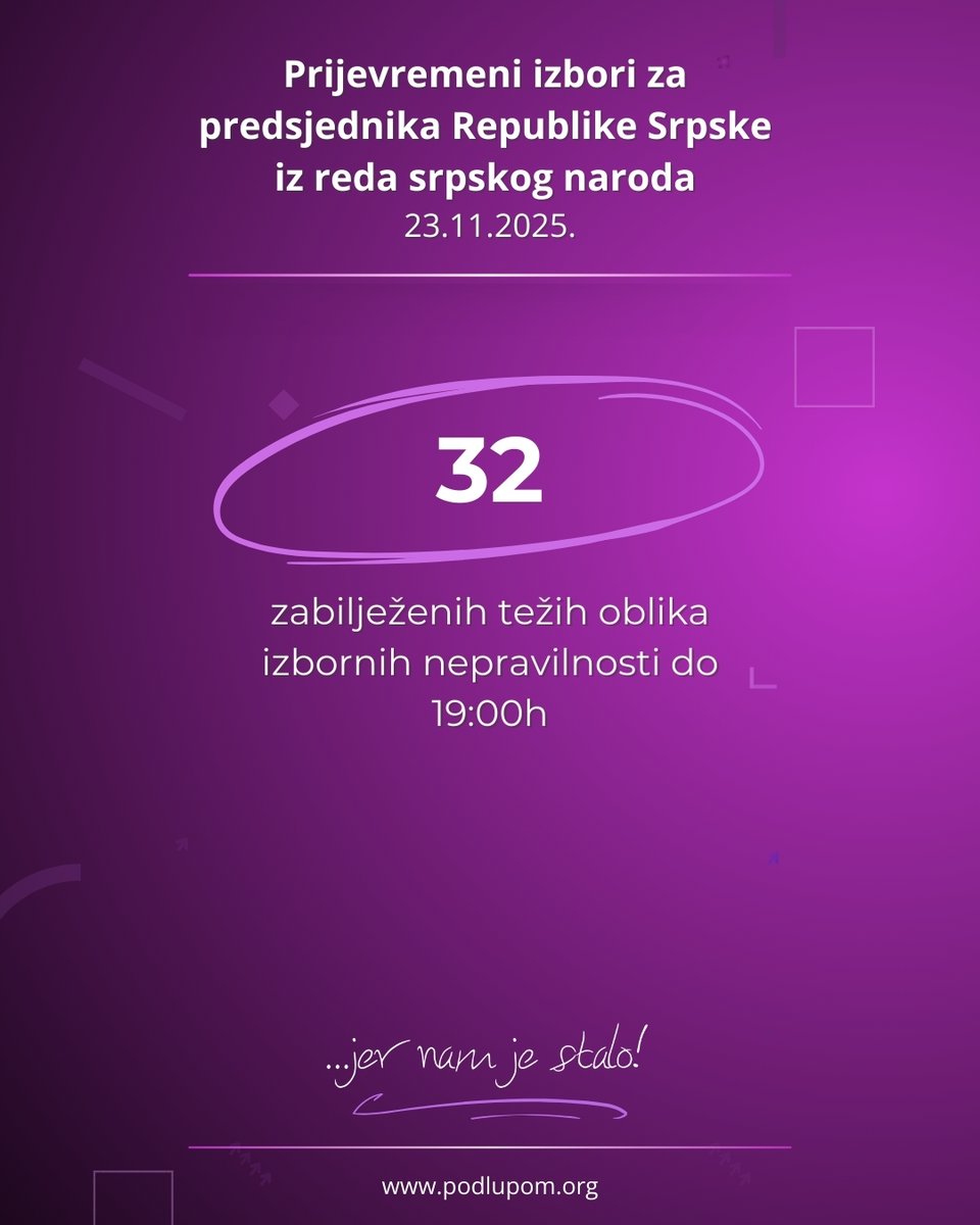 🟣 Ukupno 32 teža oblika izbornih nepravilnosti su zabilježena do 19:00h

#koalicijapodlupom #podlupom #prijevremeniizbori