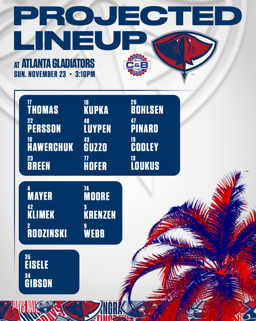 SCStingrays's tweet image. Tonight’s projected lineup against the @atlgladiators ⬇️⬇️⬇️