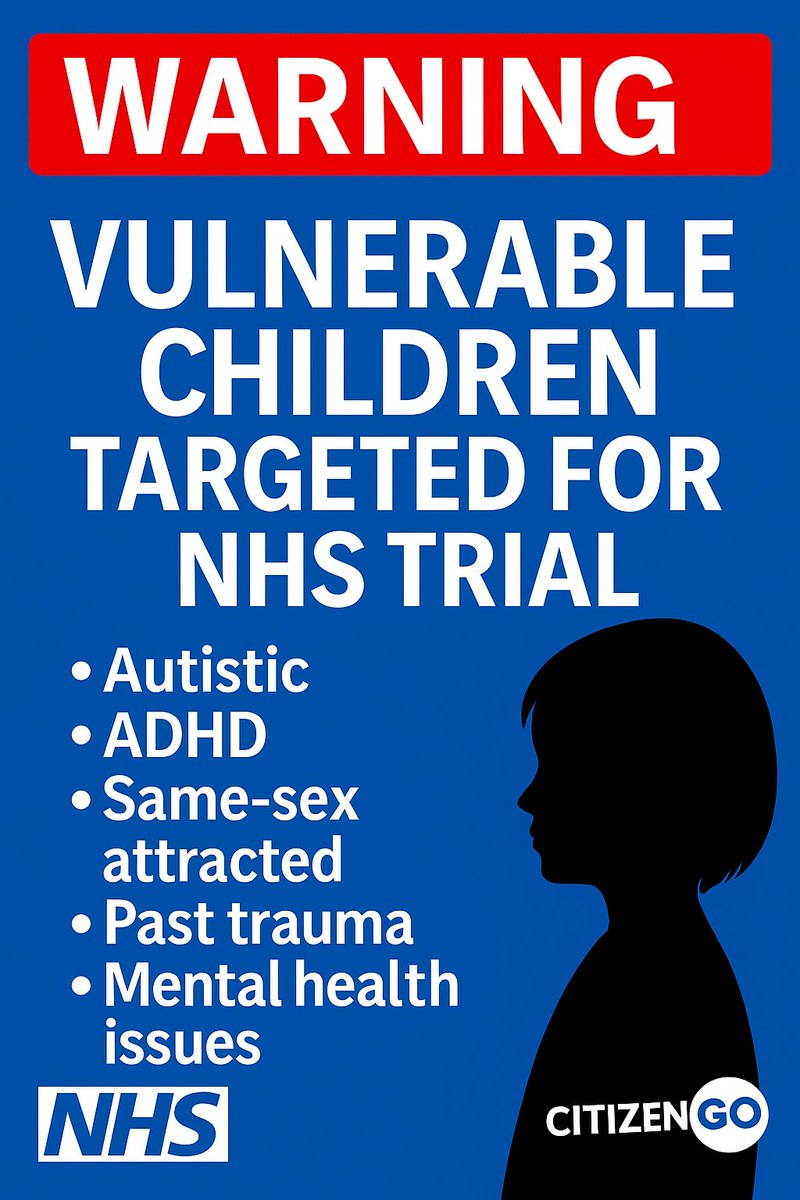 At Tavistock, 97.5% of the children referred had autism, ADHD, trauma, abuse or serious mental-health issues.

Now the NHS is repeating the same pattern — and putting these same vulnerable children into a puberty-blocker trial.

This isn’t safeguarding.
It’s exploitation.