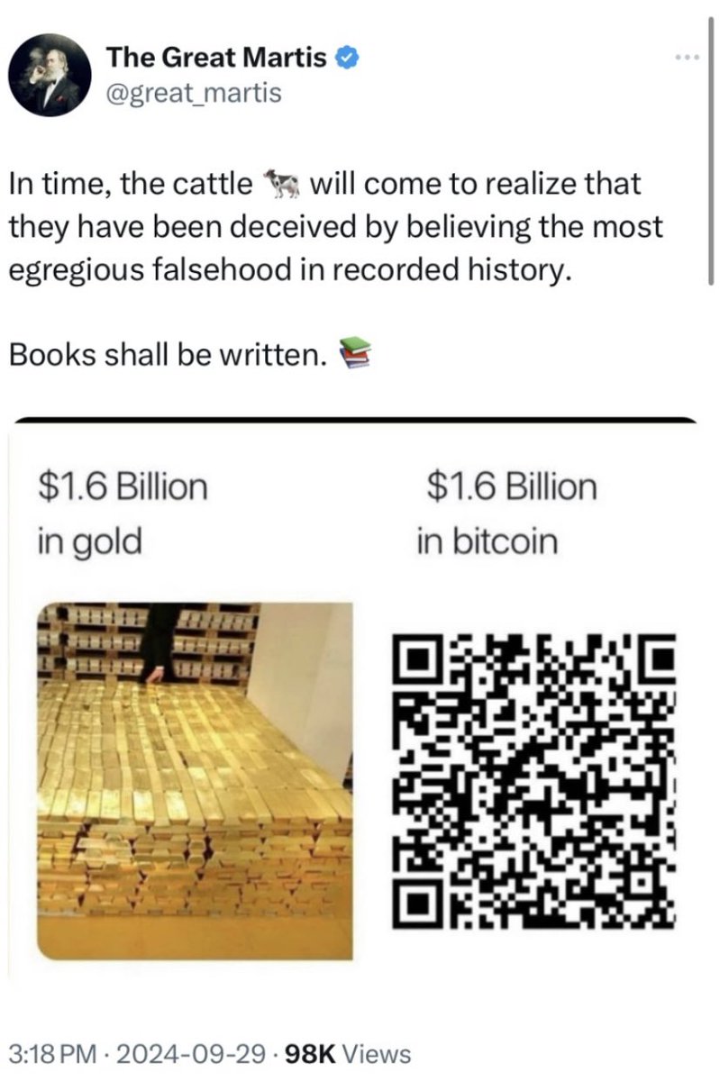 EdwardGofsky's tweet photo. $GLD ~ “It’s Happening” ~ In time, the cattle will come to realize that they have been deceived by believing the most egregious falsehood in recorded history. Books shall be written. $MSTR $MSTU $MSTZ $IBIT $BTC $QQQ $SPY $SLV $GDX $SILJ #gold #silver #bitcoin #MSTR https://t.co/oGEfwecBEx