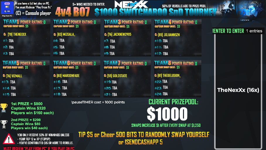 XBL_NexXx's tweet image. $1000 4v4 switcharoo tourney today!
If you have 5 wins or more in the stream you are eligible! To check ur stats !mystats in the chat

Stream starts 4:45 PM EST
Draft starts at 5:30 PM EST

See you guys there 💪🏻
Twitch / thenexxx