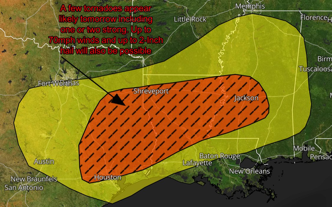 A few tornadoes will be likely tomorrow including one or two strong. Up to 70mph winds and 2-Inch hail will also be possible...