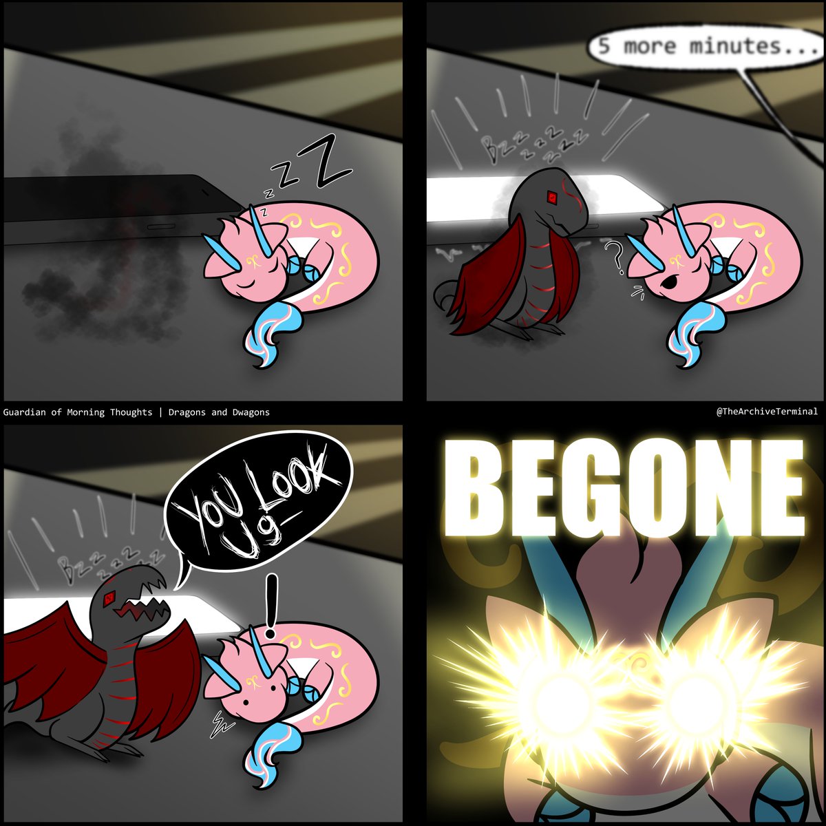 ArchiveTerminal's tweet image. Guardian of Morning Thoughts | Dragons and Dwagons
Let the morning be peaceful.
Be it the warmth of the blanket.
The light of a fading dream.
Wallpaper of a phone.
Messages from friends.
__
Insight: Whyverns.
Not all are so negative. They are merely impulsive.