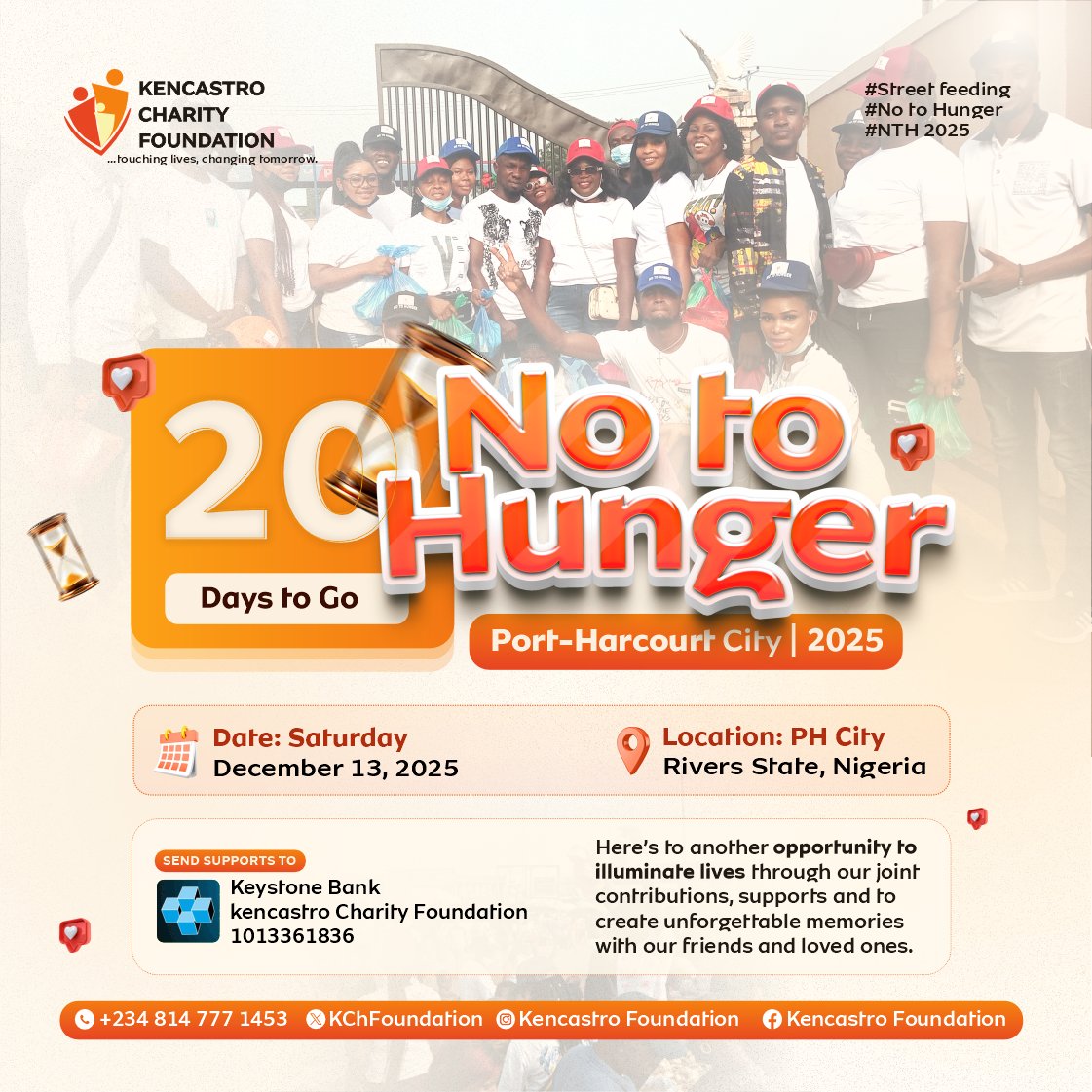 This movement isn’t about us; it’s about people who need to know they’re not forgotten. If you can give, please give. If you can come, please come. If you can share, please do🙏🧡
Together, we’ll make hunger powerless.

#KencastroCharityFoundation #NoToHunger #NTH2025 #NTHPH