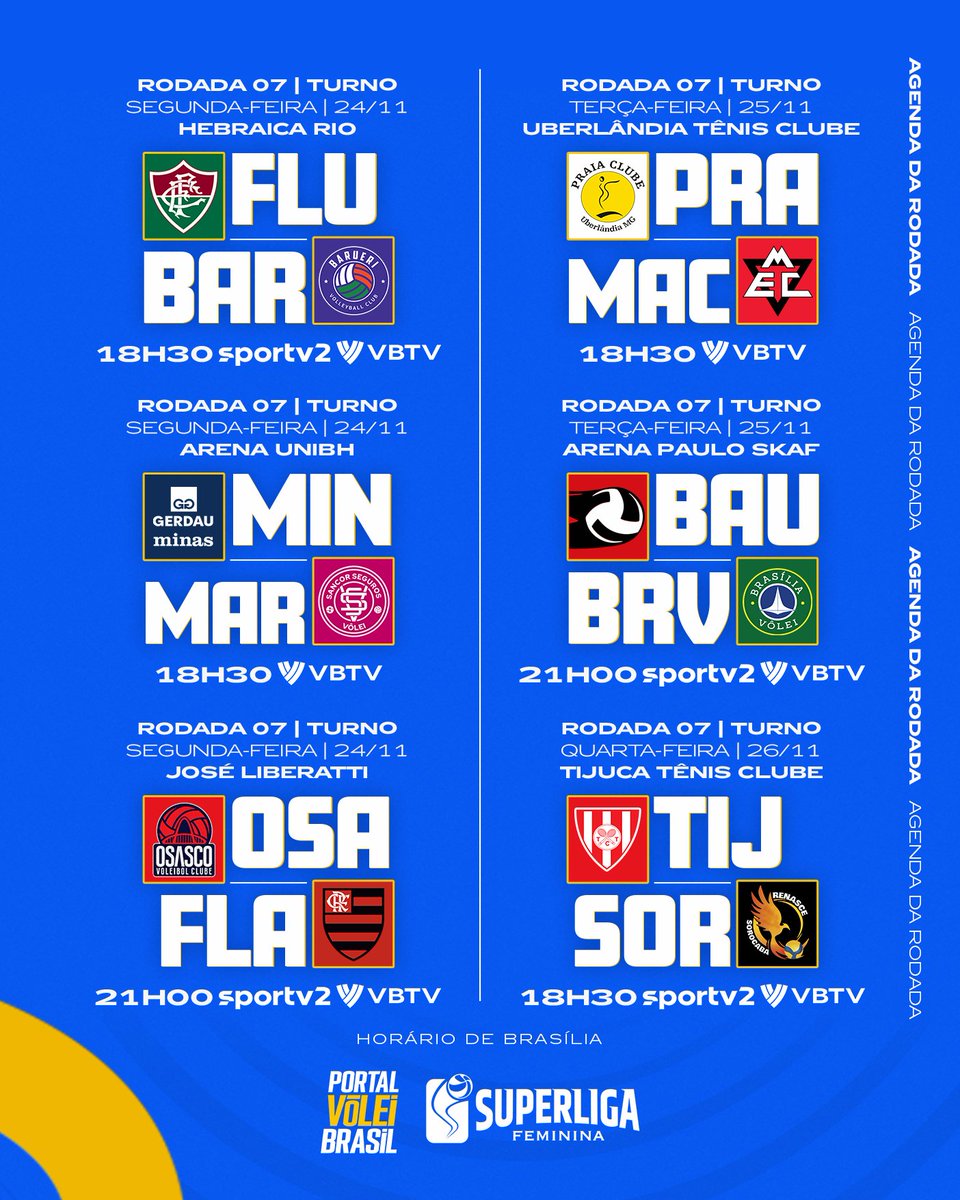 Confira a agenda de jogos da sétima rodada do turno da Superliga Feminina 25/26. Teremos partidas na segunda-feira (24/11), na terça-feira (25/11) e na quarta-feira (26/11) 📆

Salva aí pra não perder nada 😉