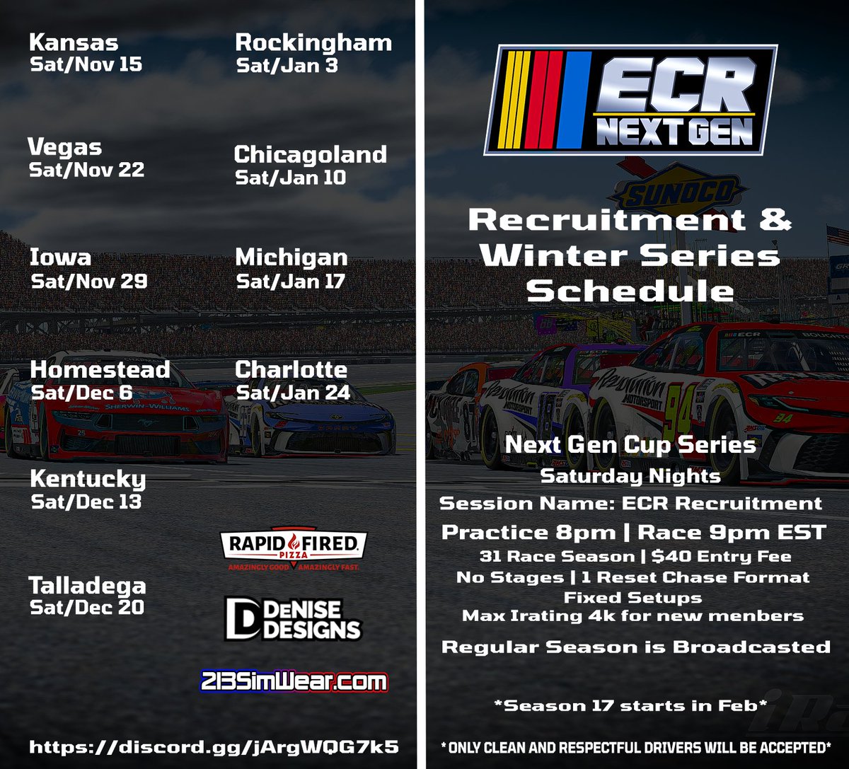 A fun winter series race last night at Vegas! <a href="/DougDeNise40/">Doug DeNise</a> picked up the win. A lot of good clean racing with only 1 yellow. Hope to see some of the new faces join up for the 2026 season.

Next week, we are head 2 Iowa!

Come out and race and or join up!

discord.gg/jArgWQG7k5