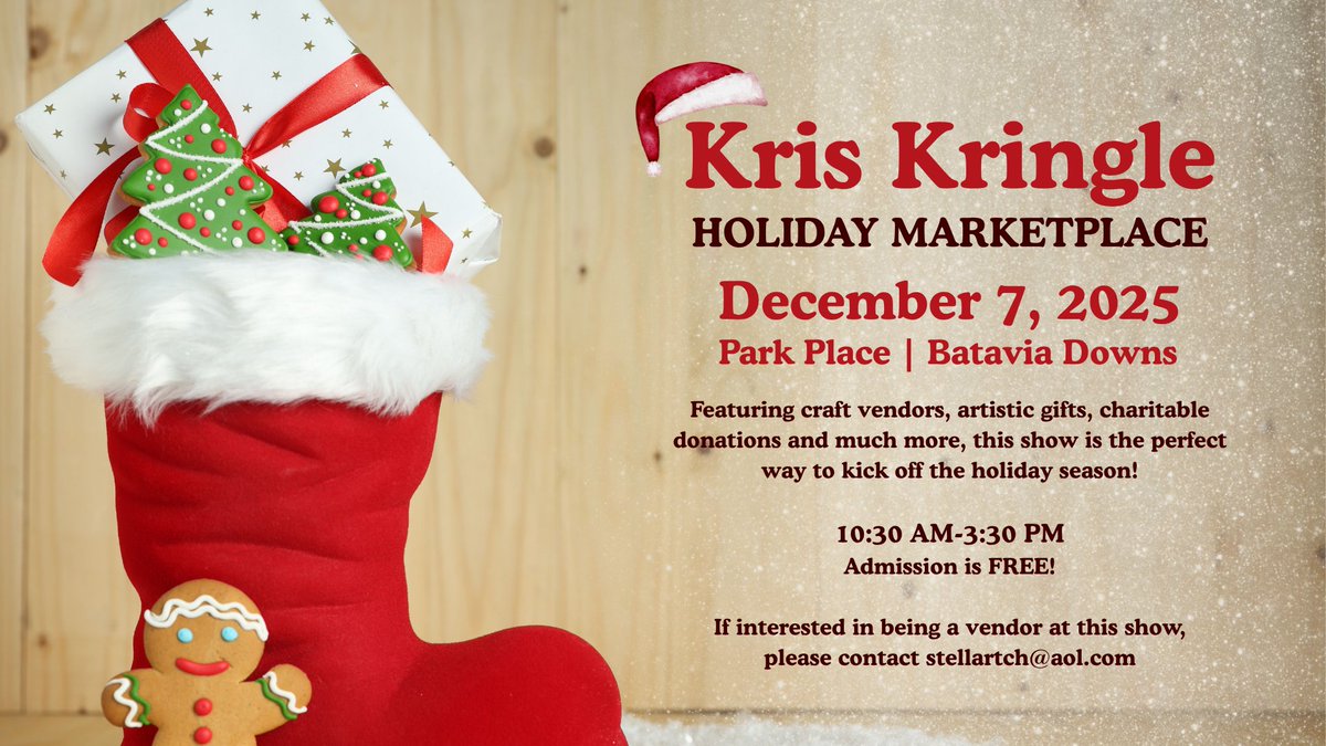 🎅🎁 Join us for the Kris Kringle Holiday Marketplace inside Park Place on Sunday, Dec. 7th!

Featuring craft vendors, artistic gifts, charitable donations, and much more, this show is the perfect way to kick off the holiday season! Admission is FREE! 

If interested in being a