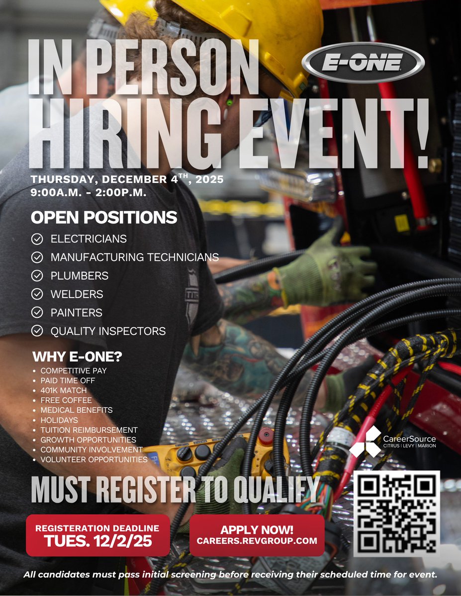 Jump start the holidays with a new job! E-ONE is hosting a hiring event on Dec. 4 for welders, painters, electricians, plumbers, quality inspectors and manufacturing techs. Register by Dec. 2 here careers.revgroup.com #EONEstrength #ocalajobs #manufacturingjobs #floridajobs