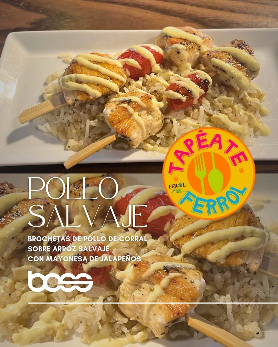 Bossferrol's tweet photo. Conoces nuestra tapa en la edición de Tapéare de este año? Pollo salvaje se llama: brochetas de pollo de corral sobre arroz salvaje con mahonesa de jalapeños 

#tapeateferrol #esteiro #ferrol #restaurantesferrol https://t.co/Prvoue7SQT