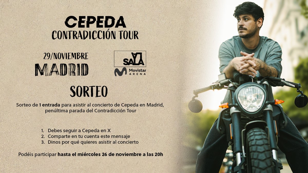 🎟️ SORTEO MADRID🎟️
Si se acerca un concierto, también aparecen nuestros sorteos. Esta vez sorteamos 1 entrada general para el concierto de Madrid el próximo 29 de noviembre. Para participar...

1⃣ Debes seguir a Cepeda en X
2⃣ Comparte este mensaje (republica, no cites)
3⃣ Dinos