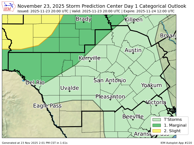 EWXBot's tweet image. #SPC issues Day 1 Marginal Convective Risk at Nov 23, 20:00z for EWX spc.noaa.gov/products/outlo…