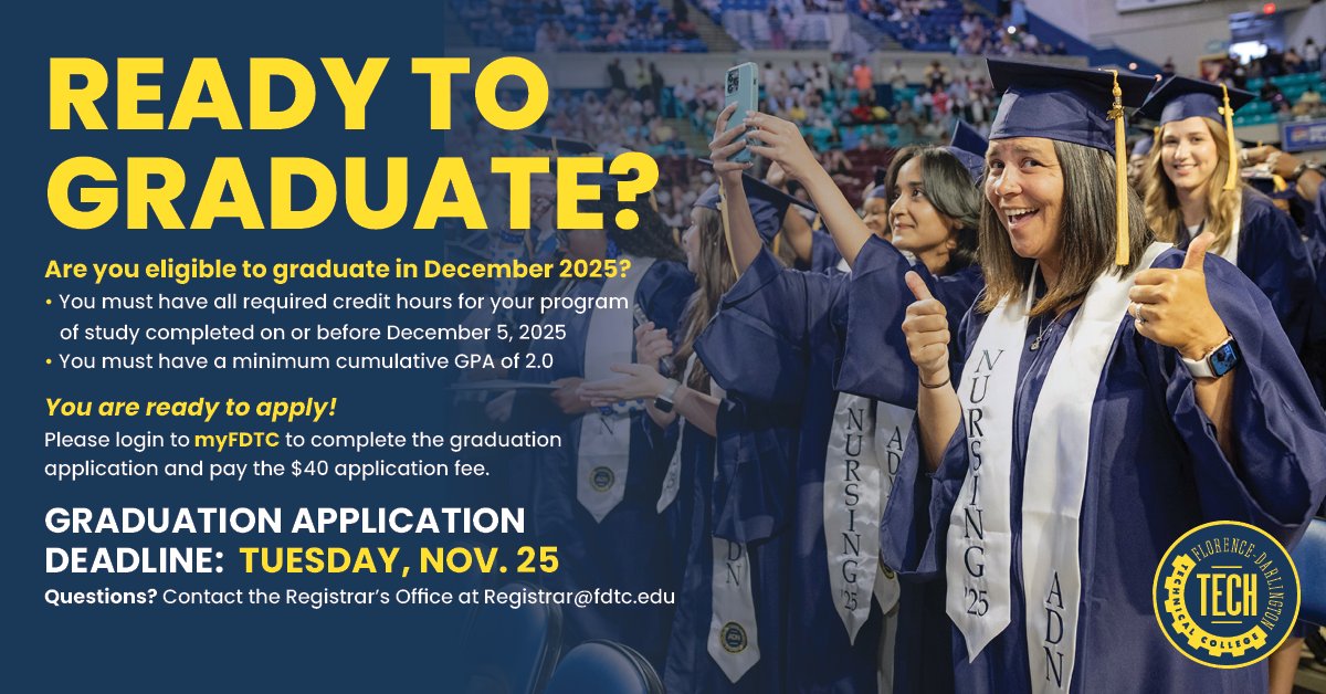 FloDar_Tech's tweet image. Are you ready to graduate in December? There are just a few simple steps to follow to finish up and get your diploma. Go to my.FDTC.edu to fill out the graduation application. Congratulations!
#FDTech #StingerNation #PeeDee