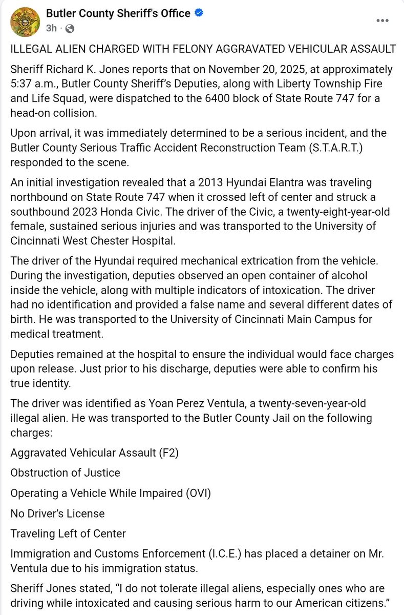 ImmigrantCrimes's tweet image. 🚨 Butler County, OH: On Thursday, Illegal alien Yoan Perez Ventula was arrested for Aggravated Vehicular Assault, Driving Without a License, and more.

He is accused of causing a wrong-way head-on collision and was believed to have been intoxicated.

The driver of the other car,…
